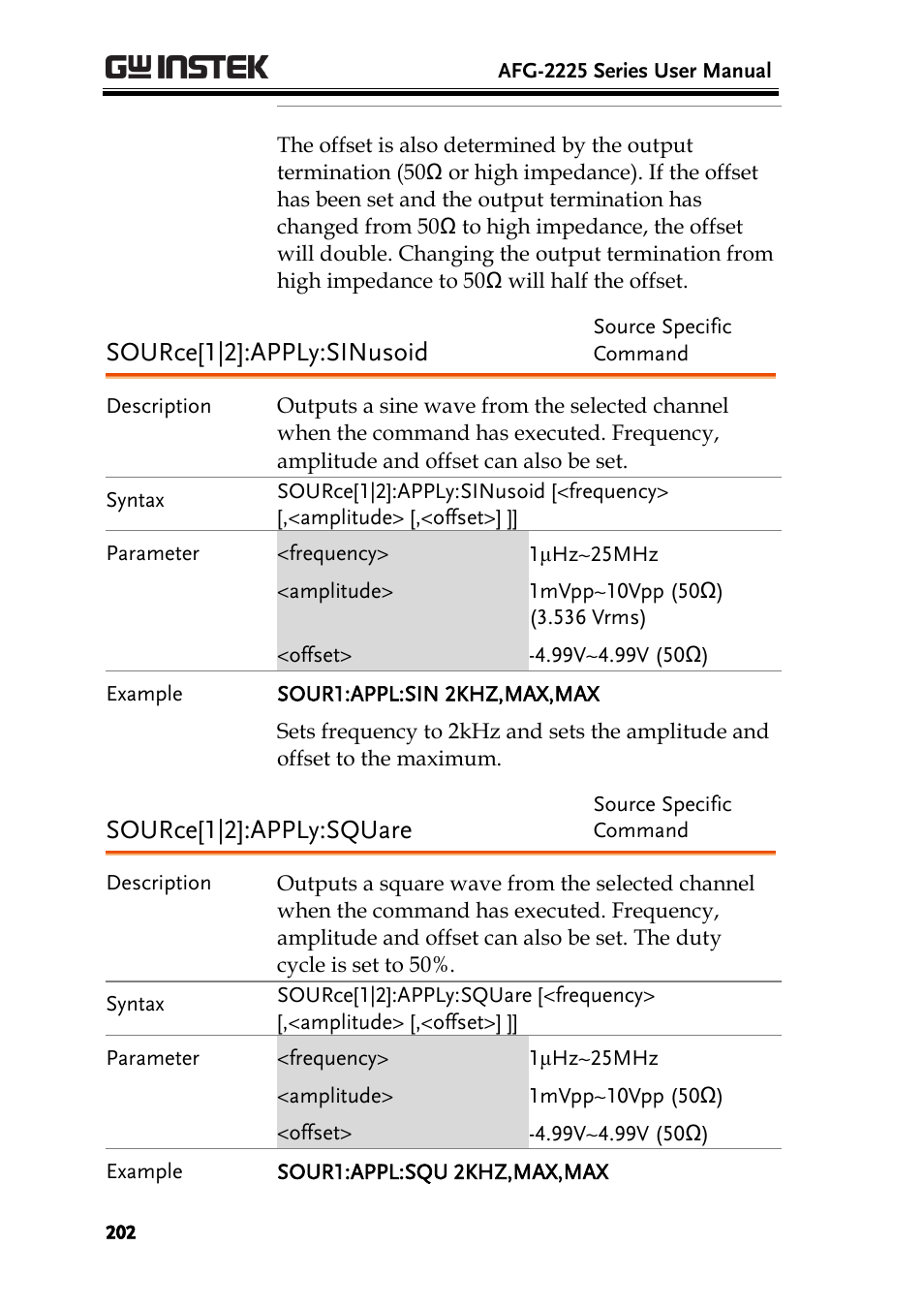 Source[1|2]:apply:sinusoid, Source[1|2]:apply:square | GW Instek AFG-2225 User Manual User Manual | Page 202 / 301