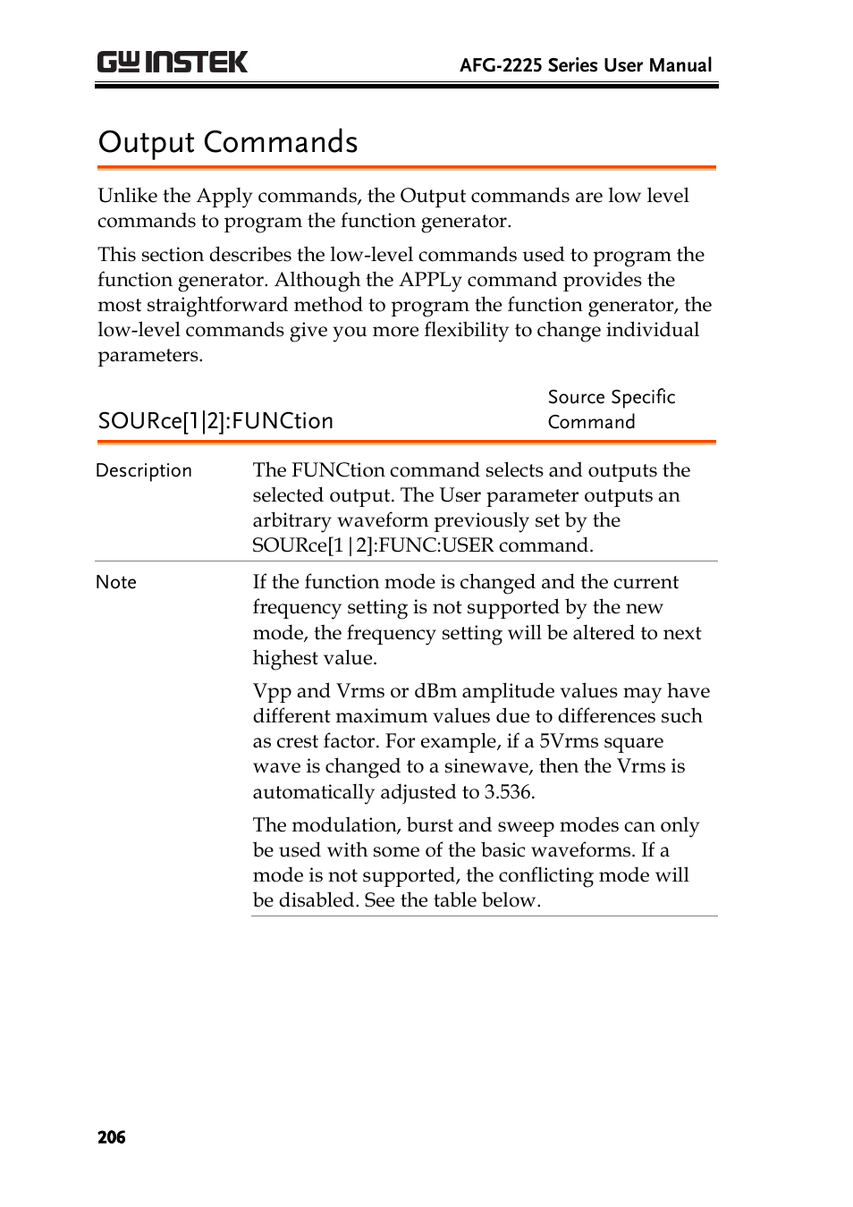 Output commands, Source[1|2]:function | GW Instek AFG-2225 User Manual User Manual | Page 206 / 301