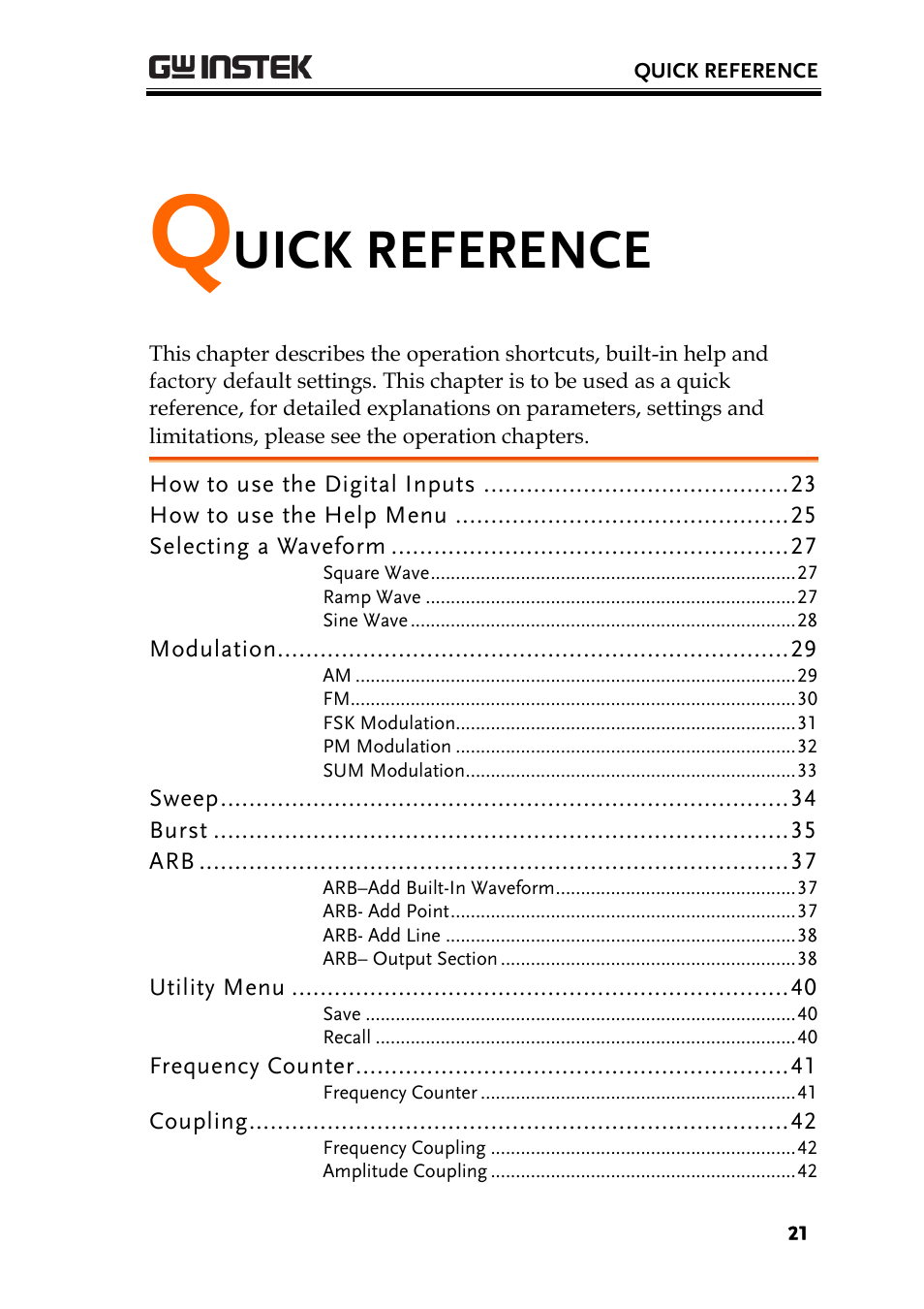 Quick reference, Uick reference | GW Instek AFG-2225 User Manual User Manual | Page 21 / 301