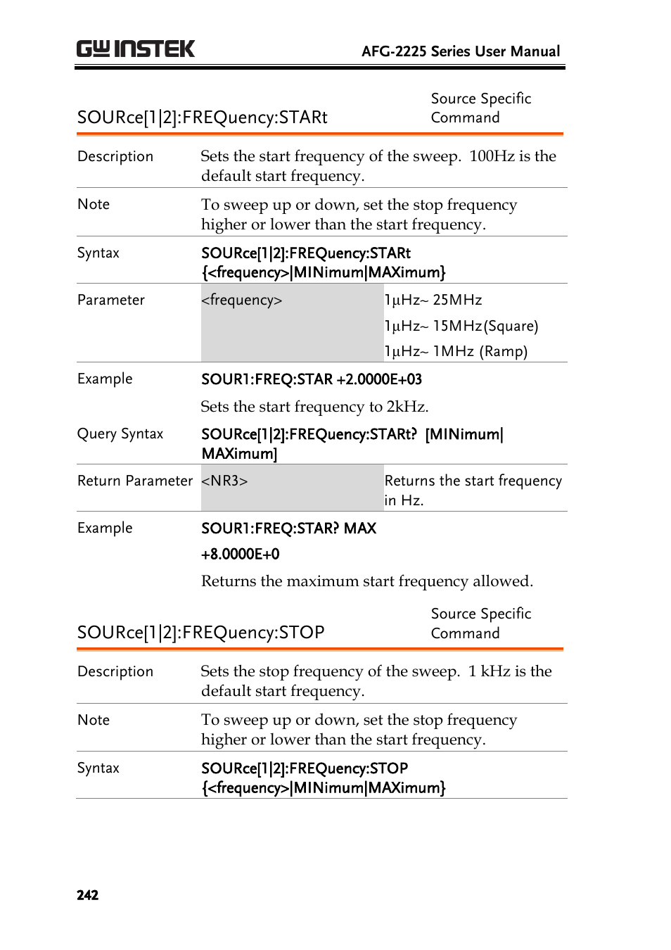 Source[1|2]:frequency:start, Source[1|2]:frequency:stop | GW Instek AFG-2225 User Manual User Manual | Page 242 / 301