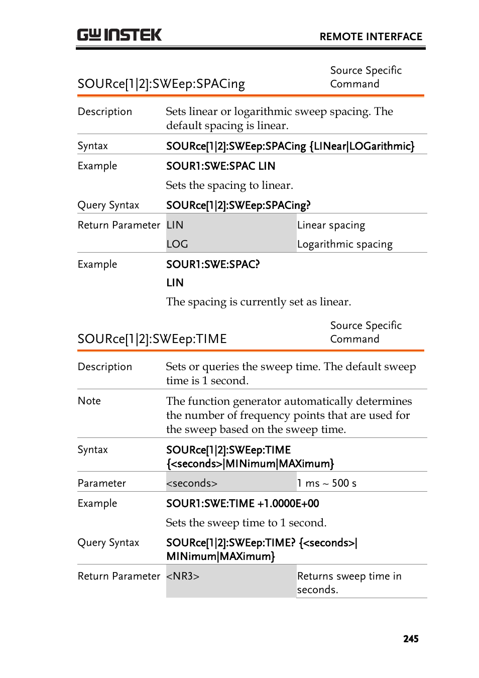 Source[1|2]:sweep:spacing, Source[1|2]:sweep:time | GW Instek AFG-2225 User Manual User Manual | Page 245 / 301