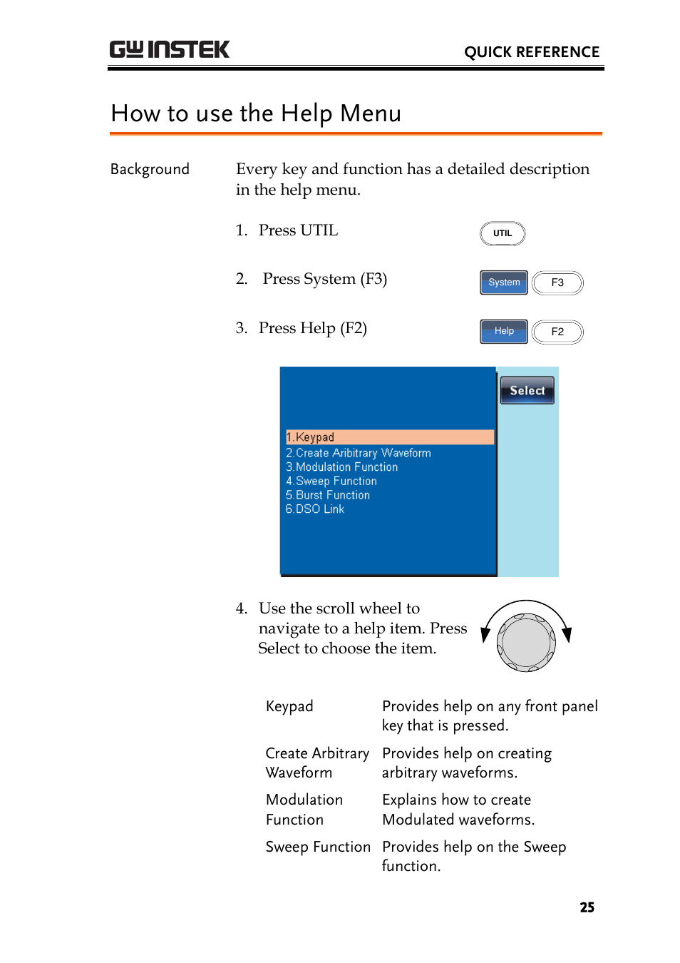 How to use the help menu | GW Instek AFG-2225 User Manual User Manual | Page 25 / 301