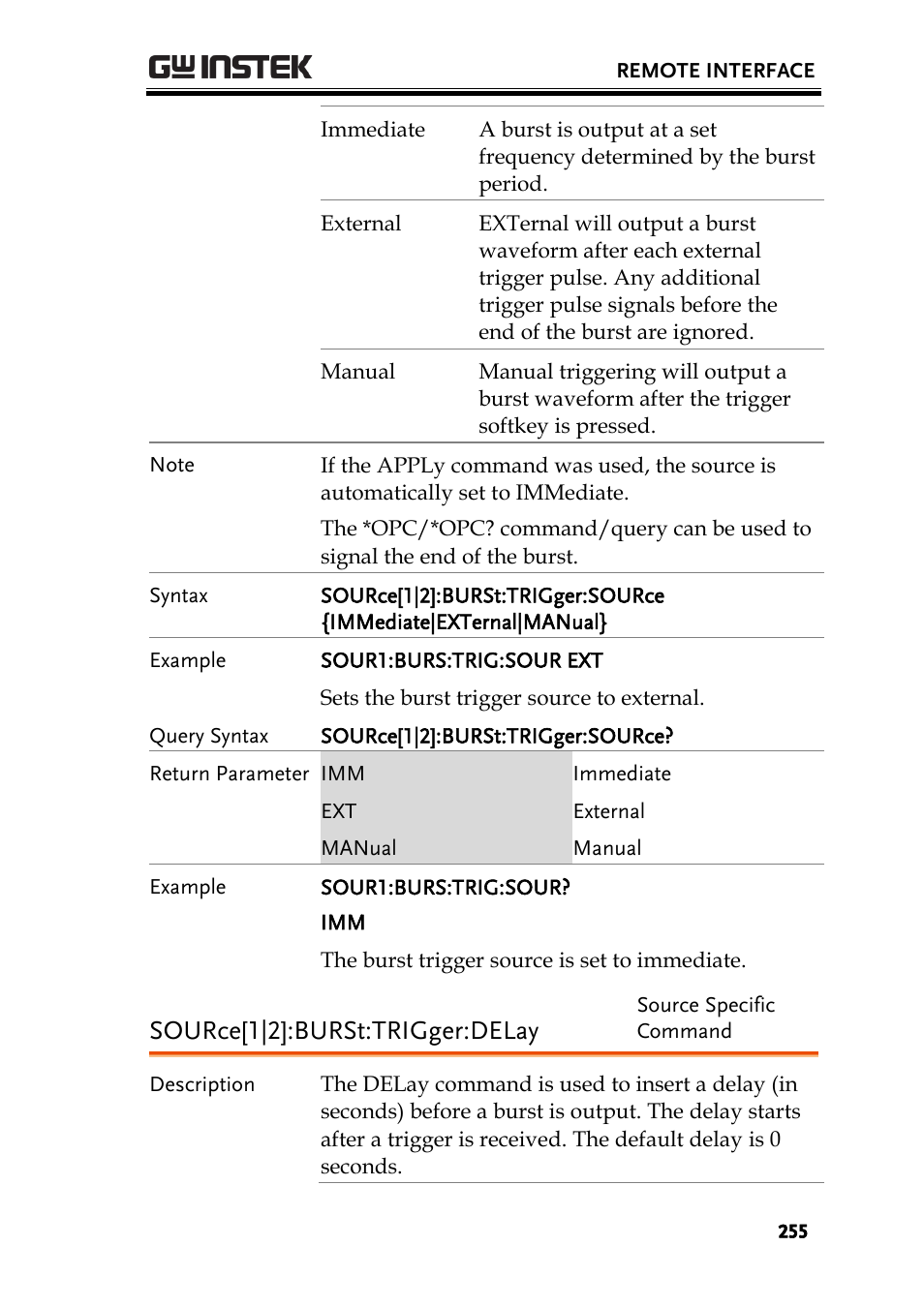 Source[1|2]:burst:trigger:delay | GW Instek AFG-2225 User Manual User Manual | Page 255 / 301