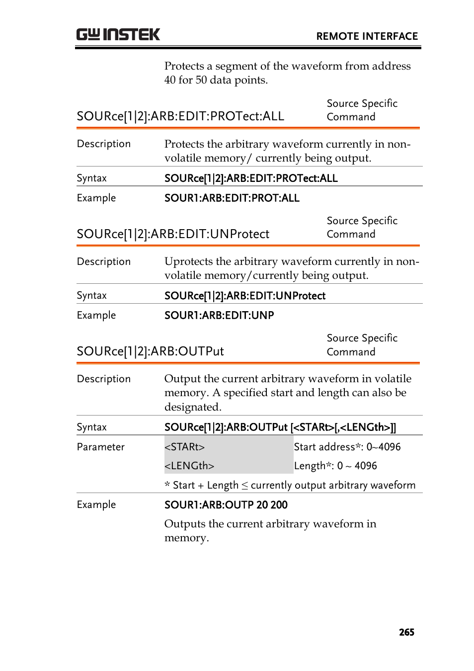 Source[1|2]:arb:edit:protect:all, Source[1|2]:arb:edit:unprotect, Source[1|2]:arb:output | GW Instek AFG-2225 User Manual User Manual | Page 265 / 301