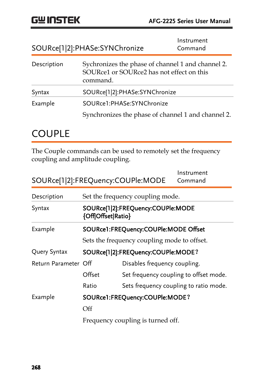 Couple, Source[1|2]:phase:synchronize, Source[1|2]:frequency:couple:mode | GW Instek AFG-2225 User Manual User Manual | Page 268 / 301