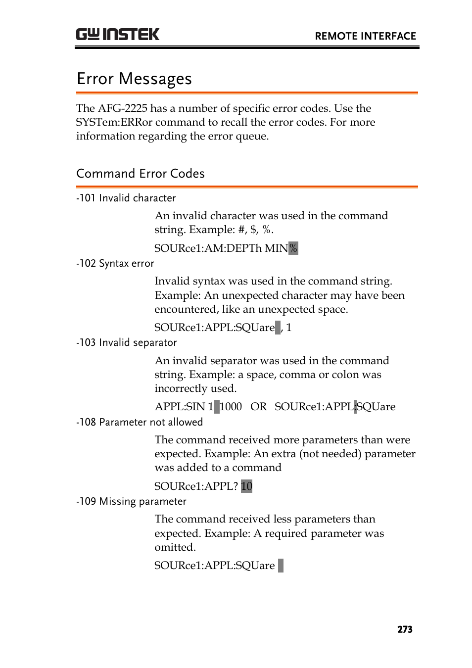 Error messages, Command error codes | GW Instek AFG-2225 User Manual User Manual | Page 273 / 301