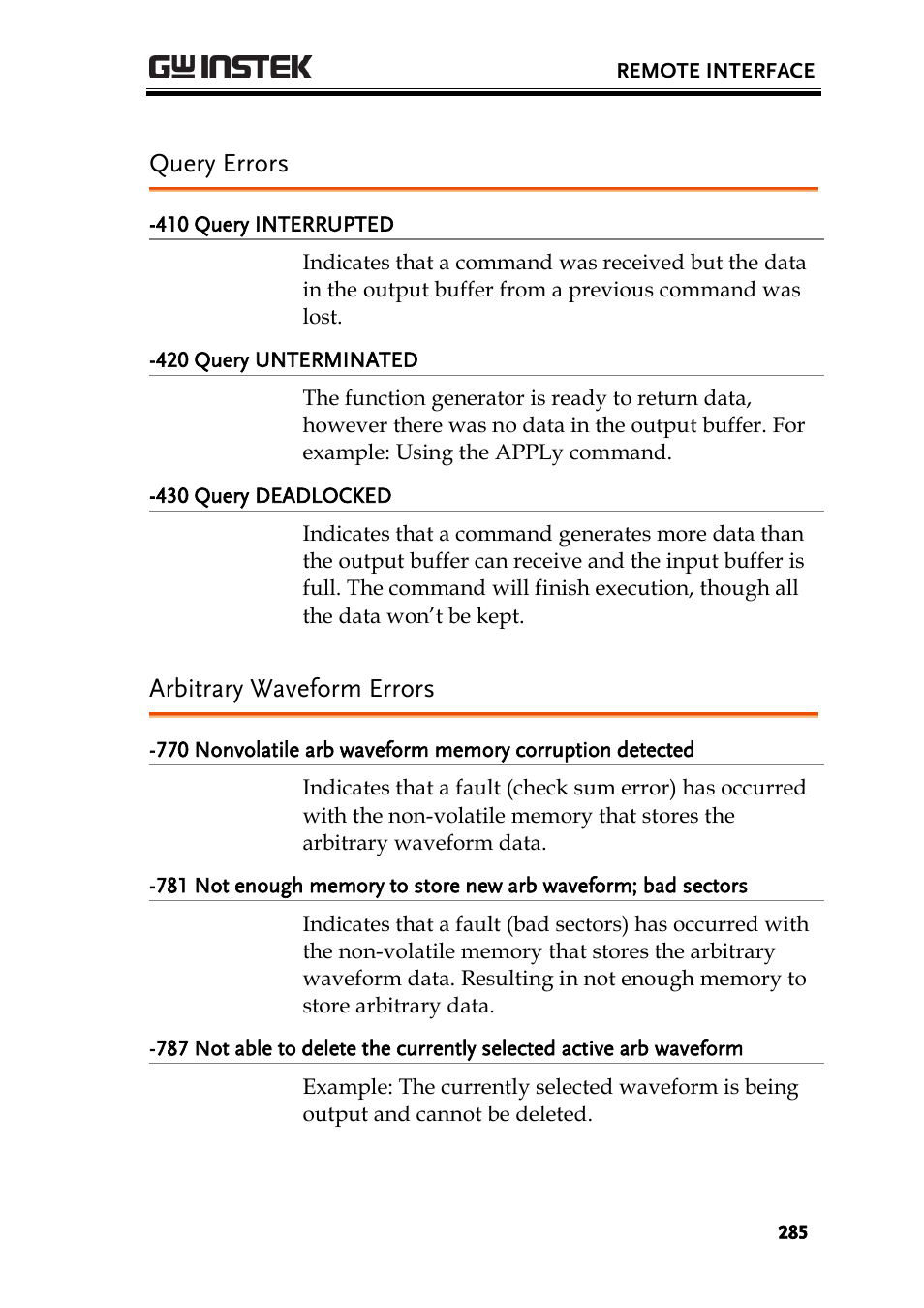 Query errors, Arbitrary waveform errors | GW Instek AFG-2225 User Manual User Manual | Page 285 / 301