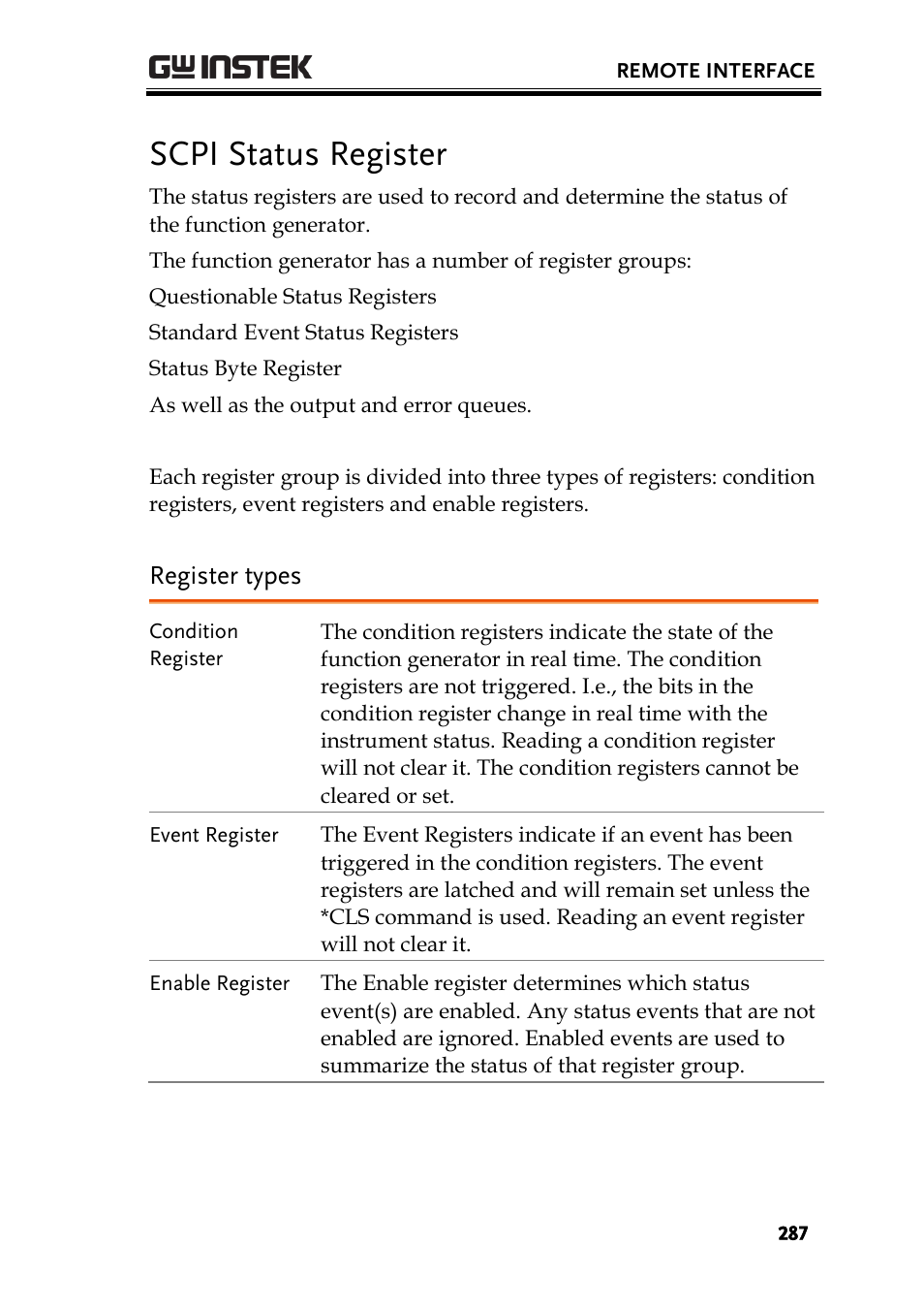 Scpi status register, Register types | GW Instek AFG-2225 User Manual User Manual | Page 287 / 301