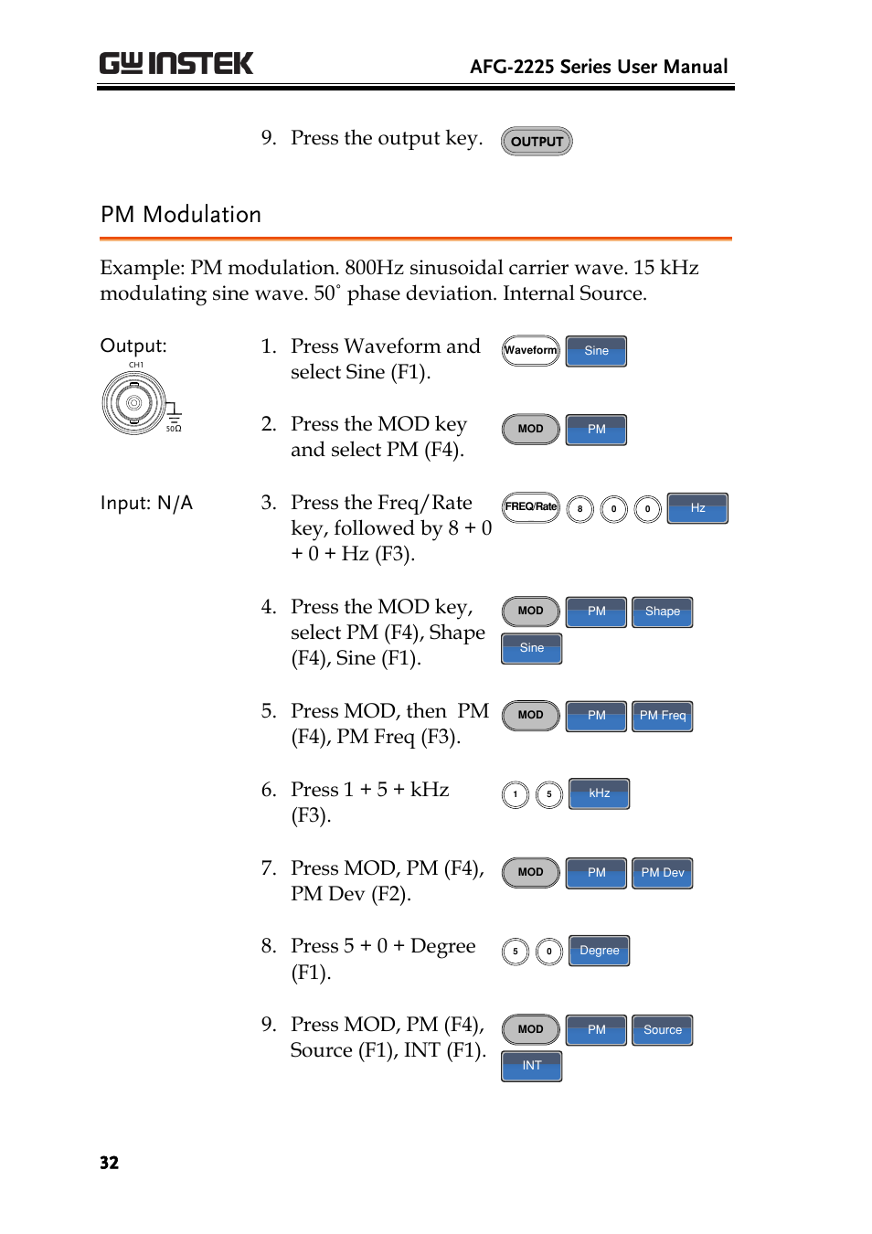 Pm modulation, Afg-2225 series user manual, Press the output key | Press waveform and select sine (f1), Press the mod key and select pm (f4), Press mod, then pm (f4), pm freq (f3), Press 1 + 5 + khz (f3), Press mod, pm (f4), pm dev (f2), Press 5 + 0 + degree (f1), Press mod, pm (f4), source (f1), int (f1) | GW Instek AFG-2225 User Manual User Manual | Page 32 / 301