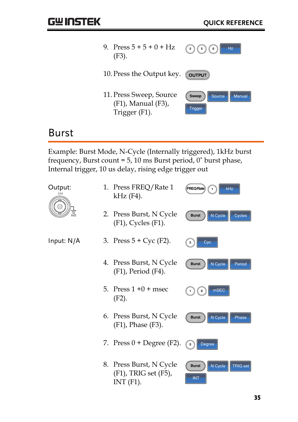 Burst, Quick reference, Press 5 + 5 + 0 + hz (f3) | Press the output key, Press freq/rate 1 khz (f4), Press burst, n cycle (f1), cycles (f1), Input: n/a 3. press 5 + cyc (f2), Press burst, n cycle (f1), period (f4), Press 1 +0 + msec (f2), Press burst, n cycle (f1), phase (f3) | GW Instek AFG-2225 User Manual User Manual | Page 35 / 301