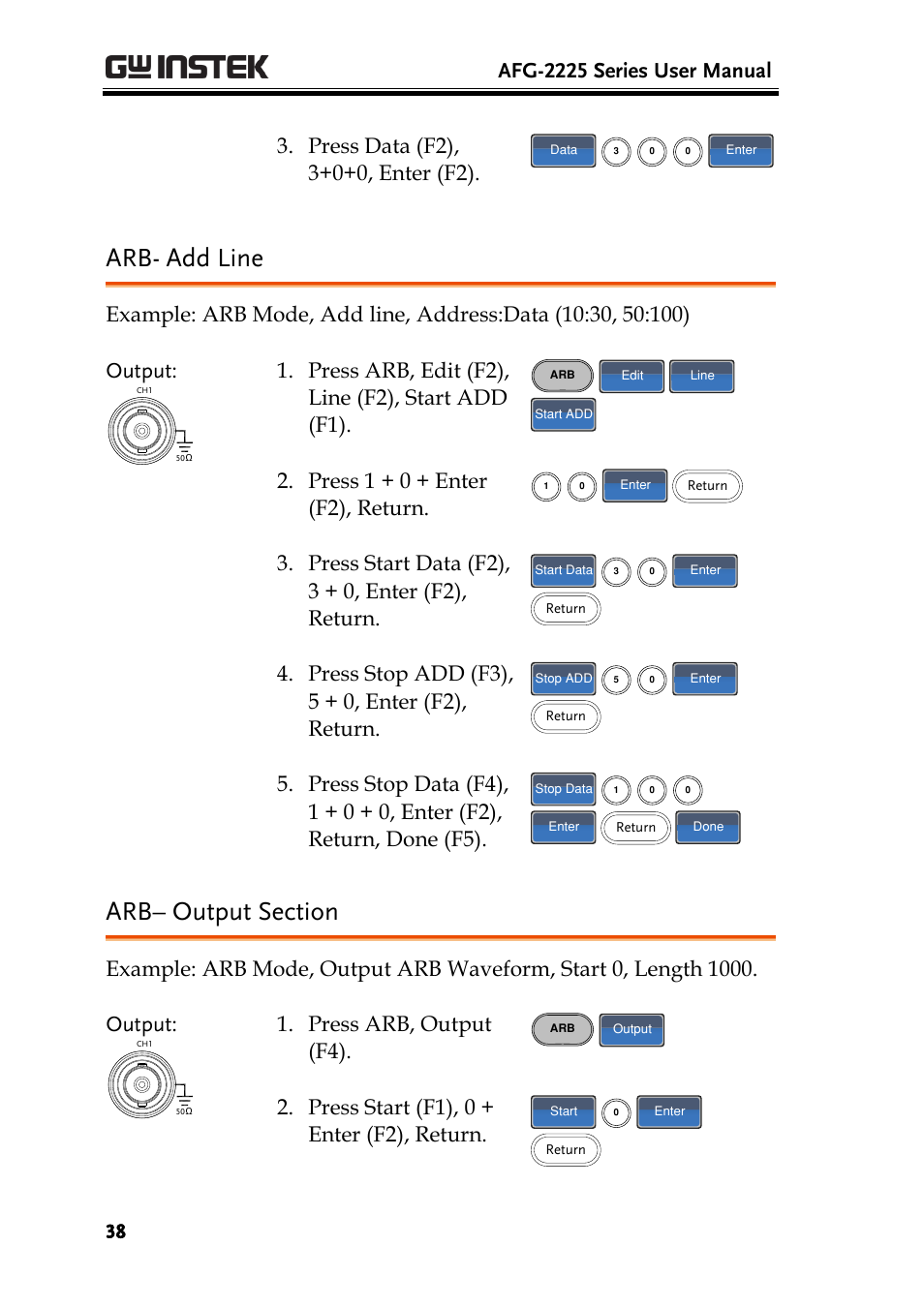 Arb- add line, Arb– output section, Afg-2225 series user manual | Press arb, edit (f2), line (f2), start add (f1), Press 1 + 0 + enter (f2), return, Press start data (f2), 3 + 0, enter (f2), return, Press stop add (f3), 5 + 0, enter (f2), return, Press arb, output (f4), Press start (f1), 0 + enter (f2), return | GW Instek AFG-2225 User Manual User Manual | Page 38 / 301