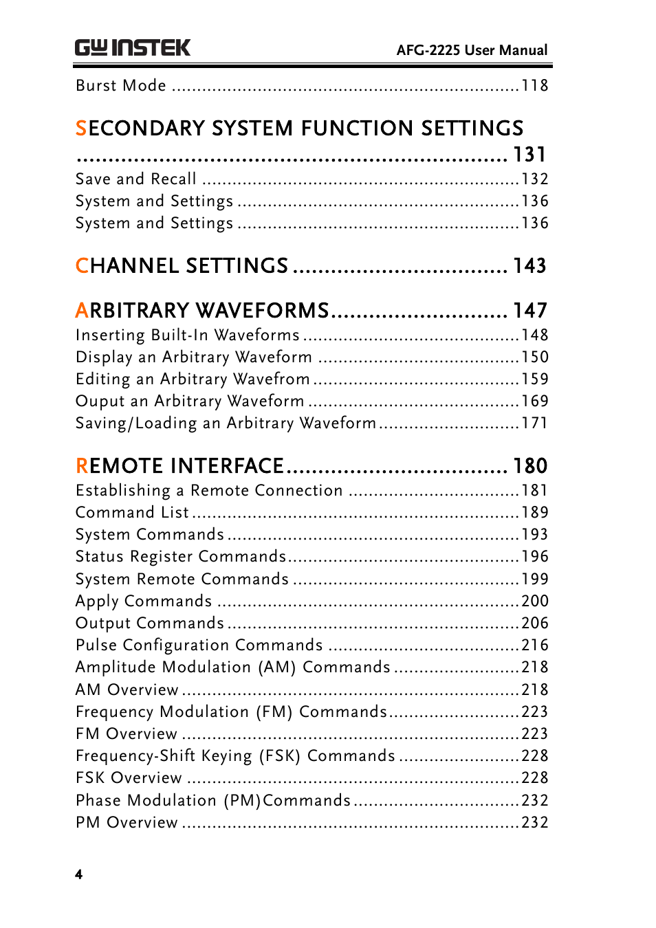 Secondary system function settings, Channel settings, Arbitrary waveforms | Remote interface | GW Instek AFG-2225 User Manual User Manual | Page 4 / 301