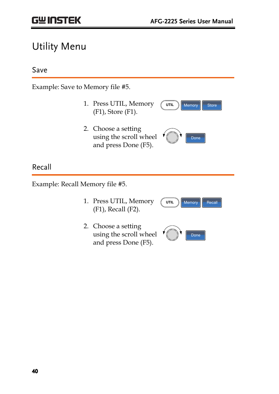 Utility menu, Save, Recall | GW Instek AFG-2225 User Manual User Manual | Page 40 / 301