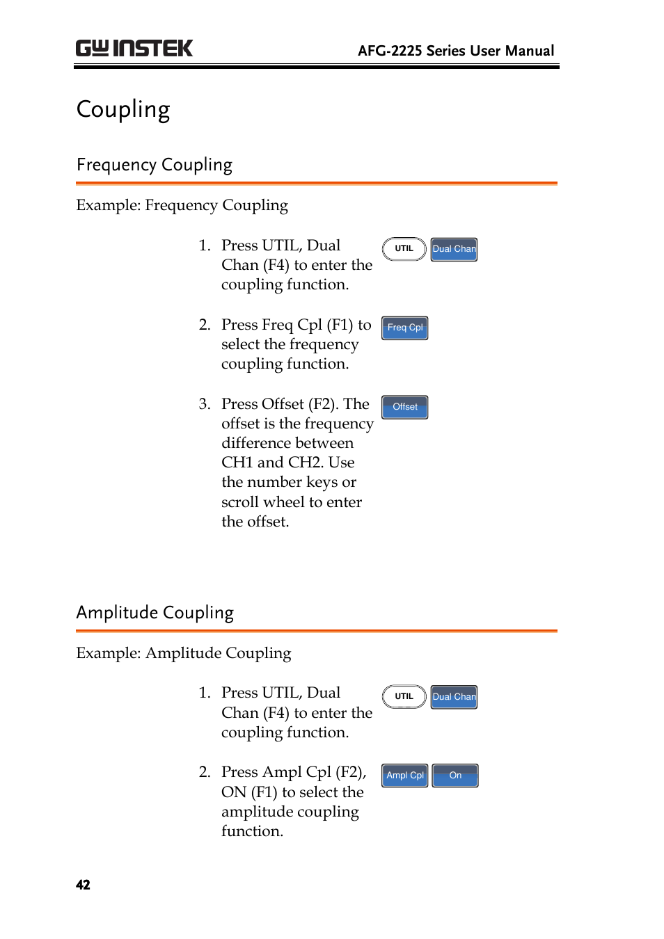 Coupling, Frequency coupling, Amplitude coupling | GW Instek AFG-2225 User Manual User Manual | Page 42 / 301