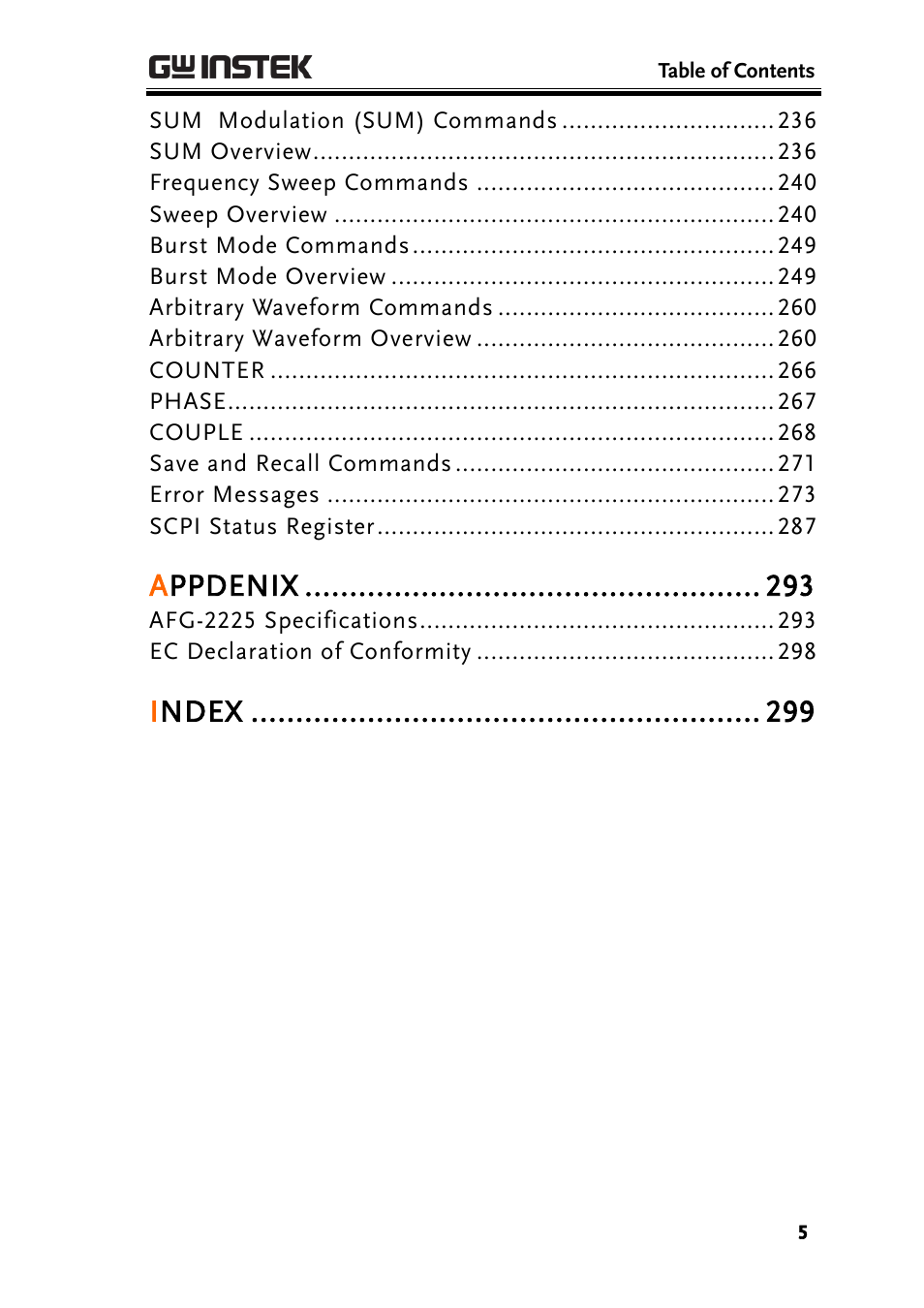 Appdenix, Index | GW Instek AFG-2225 User Manual User Manual | Page 5 / 301