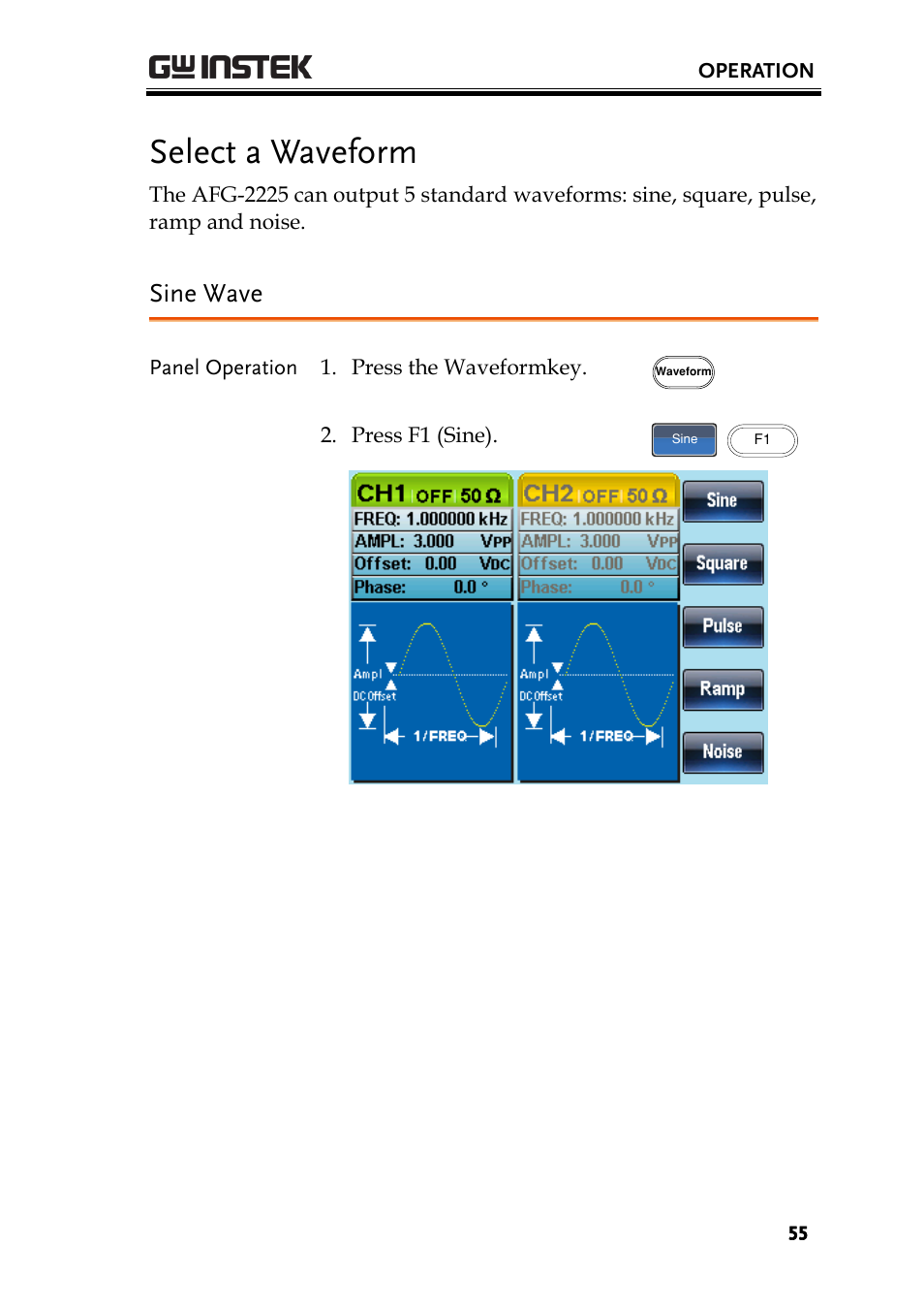 Select a waveform, Sine wave | GW Instek AFG-2225 User Manual User Manual | Page 55 / 301