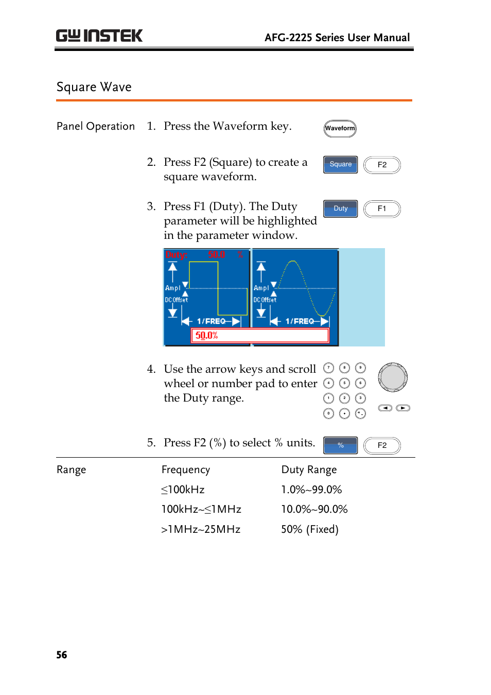 Square wave, Afg-2225 series user manual, Panel operation 1. press the waveform key | Press f2 (square) to create a square waveform, Press f2 (%) to select % units | GW Instek AFG-2225 User Manual User Manual | Page 56 / 301