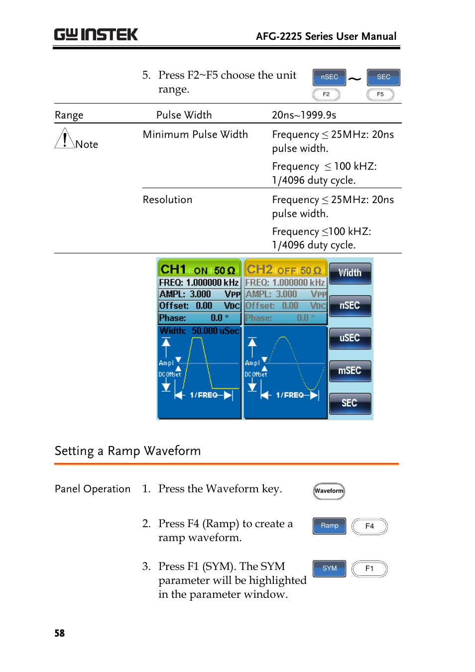 Setting a ramp waveform | GW Instek AFG-2225 User Manual User Manual | Page 58 / 301