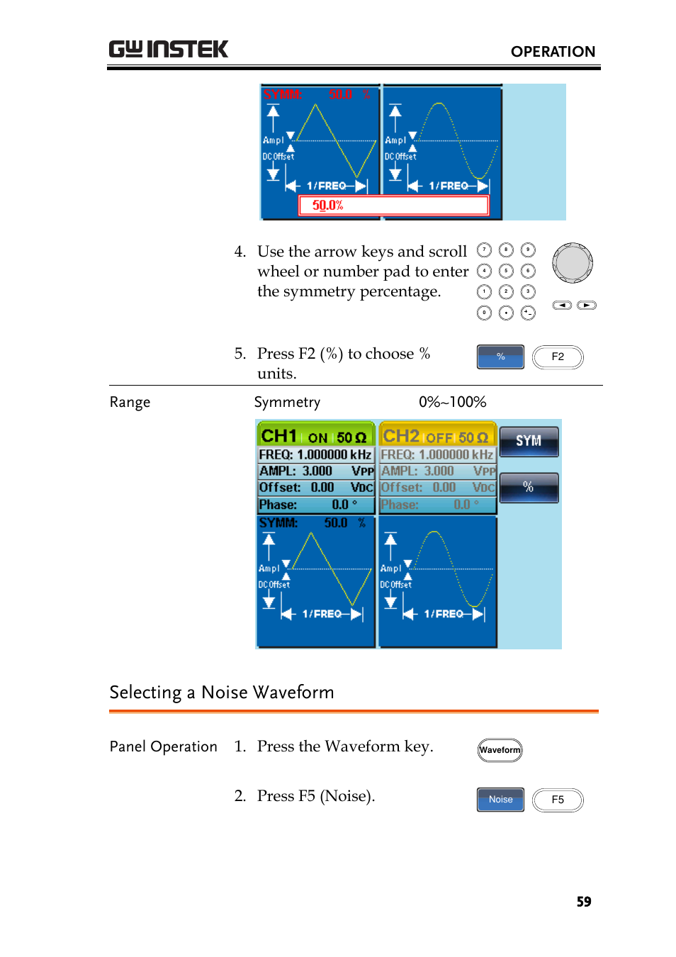 Selecting a noise waveform, Operation, Press f2 (%) to choose % units | Range symmetry 0%~100, Panel operation 1. press the waveform key, Press f5 (noise) | GW Instek AFG-2225 User Manual User Manual | Page 59 / 301
