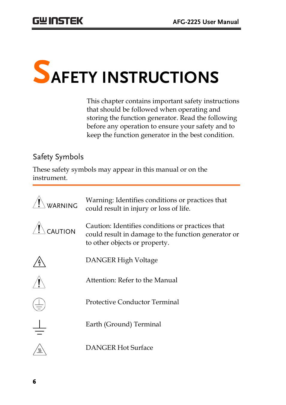 Safety instructions, Safety symbols, Afety instructions | GW Instek AFG-2225 User Manual User Manual | Page 6 / 301