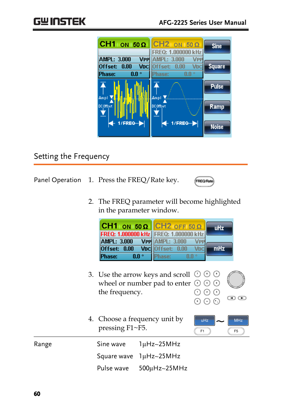 Setting the frequency, Afg-2225 series user manual, Panel operation 1. press the freq/rate key | Choose a frequency unit by pressing f1~f5 | GW Instek AFG-2225 User Manual User Manual | Page 60 / 301