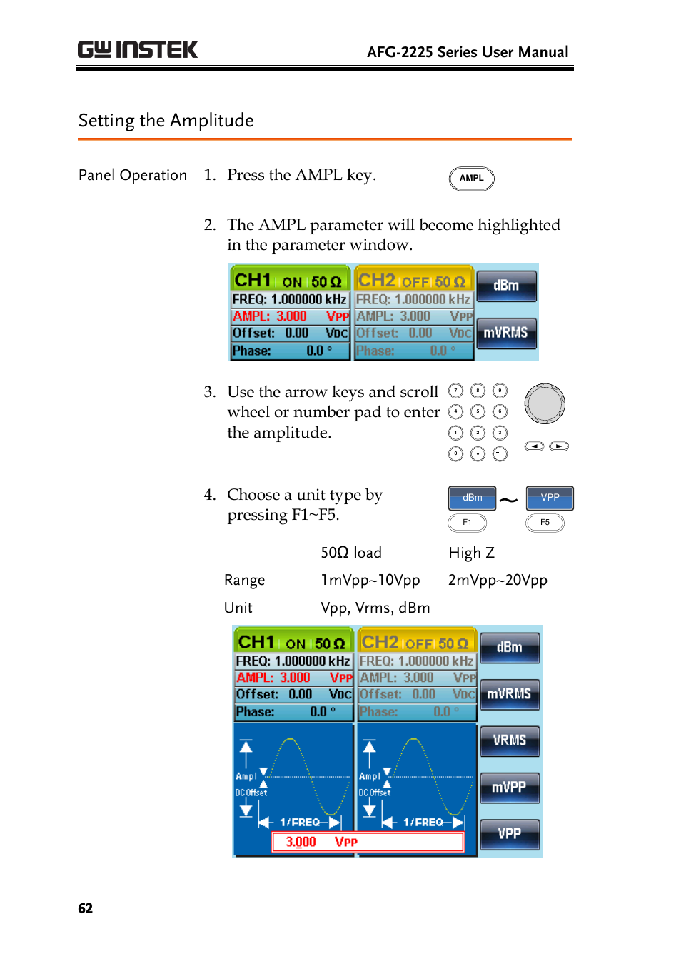 Setting the amplitude, Afg-2225 series user manual, Panel operation 1. press the ampl key | Choose a unit type by pressing f1~f5 | GW Instek AFG-2225 User Manual User Manual | Page 62 / 301