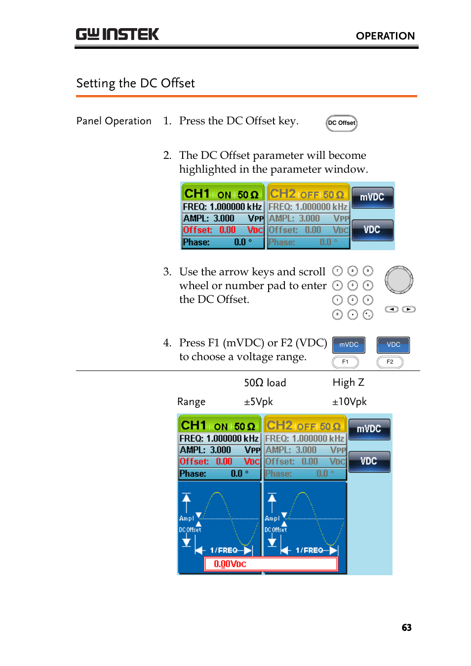 Setting the dc offset, Operation, Panel operation 1. press the dc offset key | GW Instek AFG-2225 User Manual User Manual | Page 63 / 301