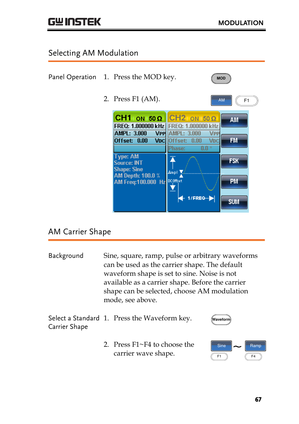 Selecting am modulation, Am carrier shape | GW Instek AFG-2225 User Manual User Manual | Page 67 / 301