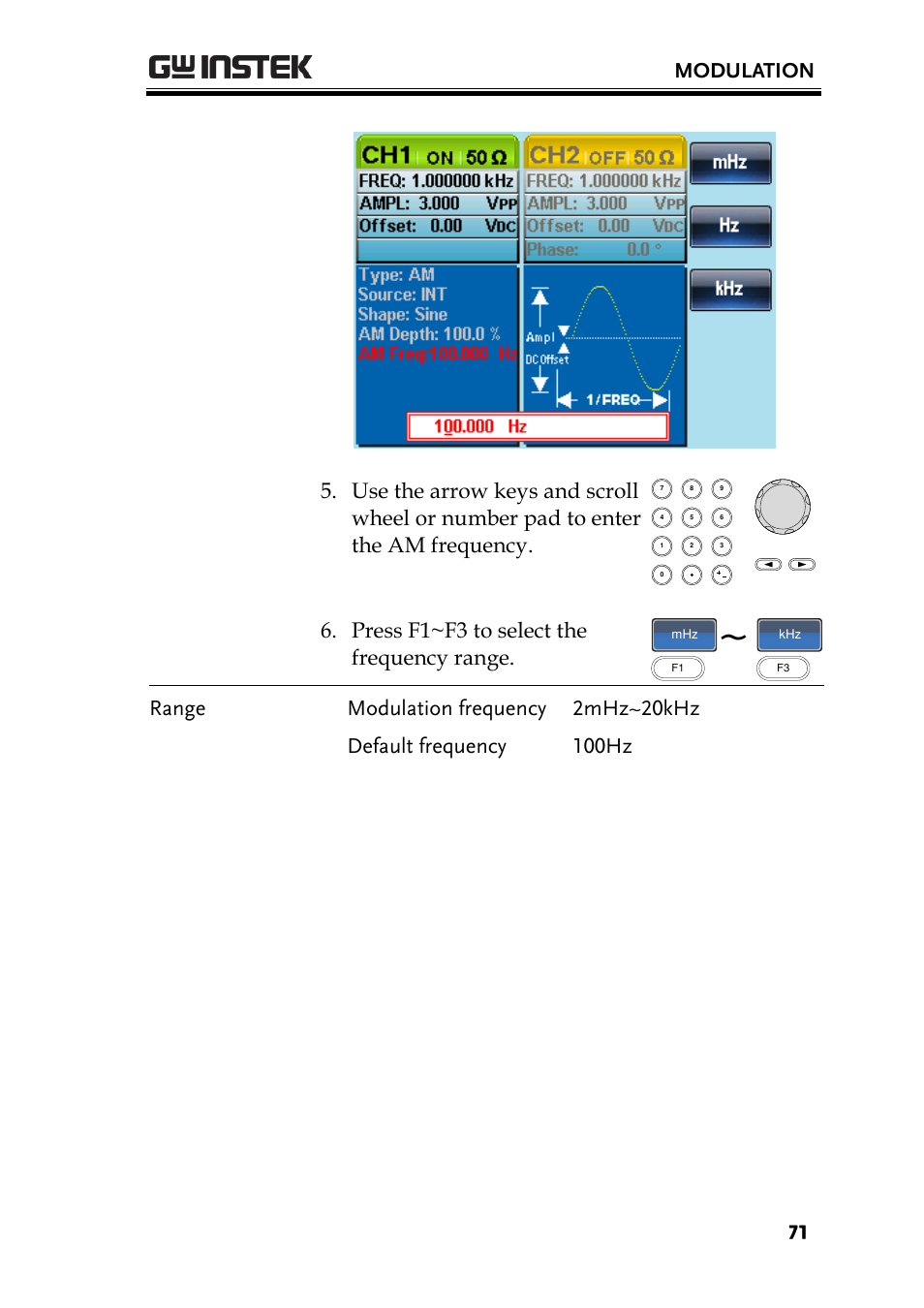 Modulation, Press f1~f3 to select the frequency range | GW Instek AFG-2225 User Manual User Manual | Page 71 / 301
