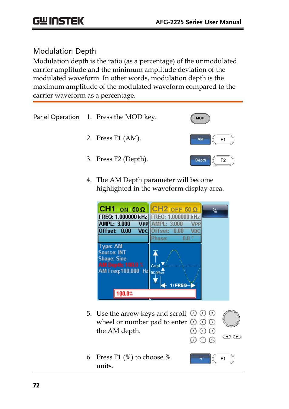 Modulation depth, Afg-2225 series user manual, Panel operation 1. press the mod key | Press f1 (am), Press f2 (depth), Press f1 (%) to choose % units | GW Instek AFG-2225 User Manual User Manual | Page 72 / 301