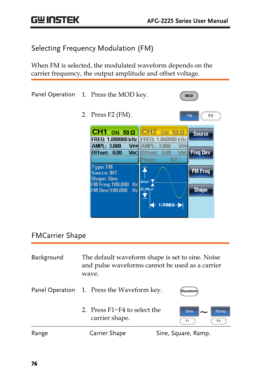 Selecting frequency modulation (fm), Fmcarrier shape | GW Instek AFG-2225 User Manual User Manual | Page 76 / 301