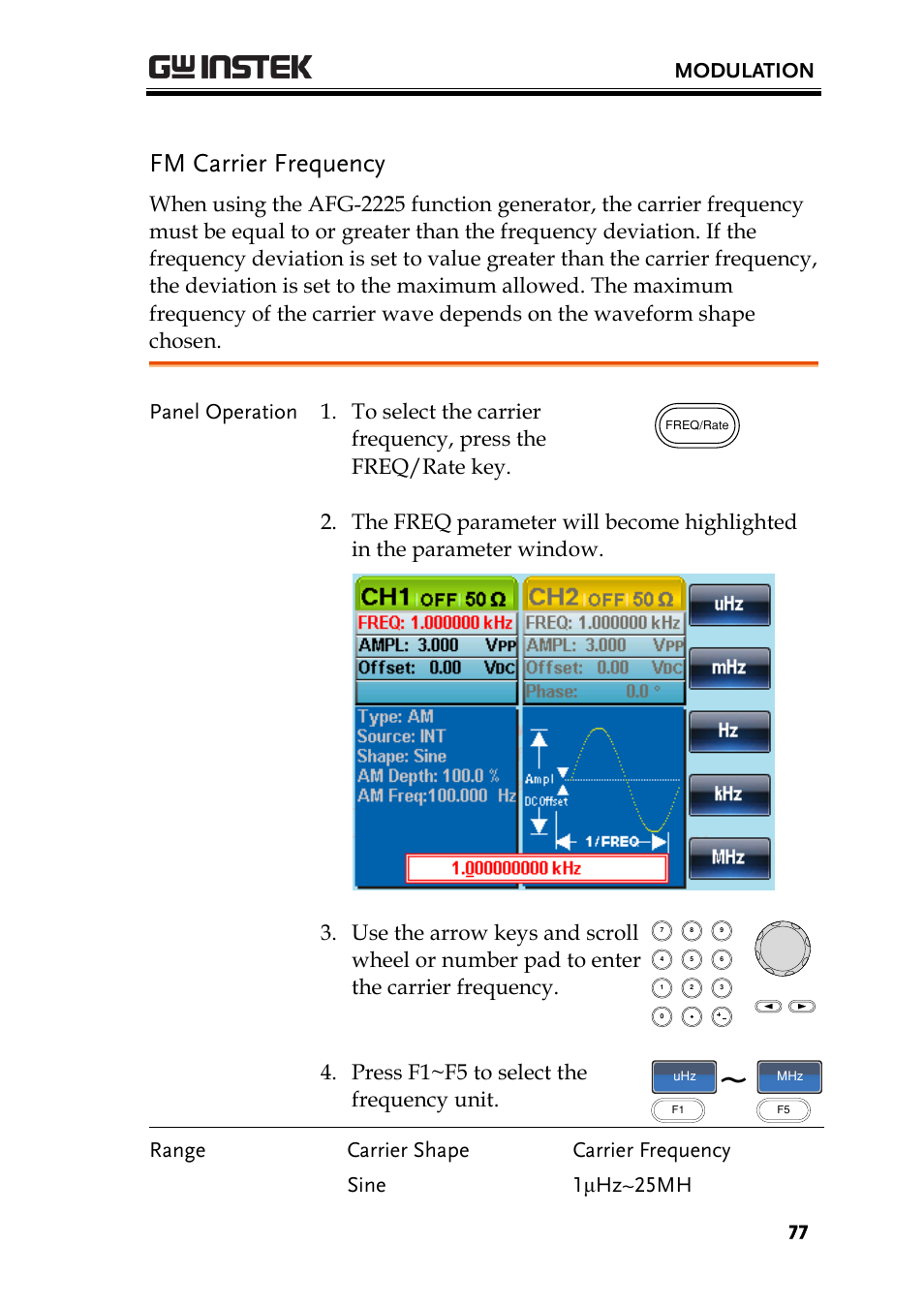 Fm carrier frequency, Modulation, Press f1~f5 to select the frequency unit | GW Instek AFG-2225 User Manual User Manual | Page 77 / 301