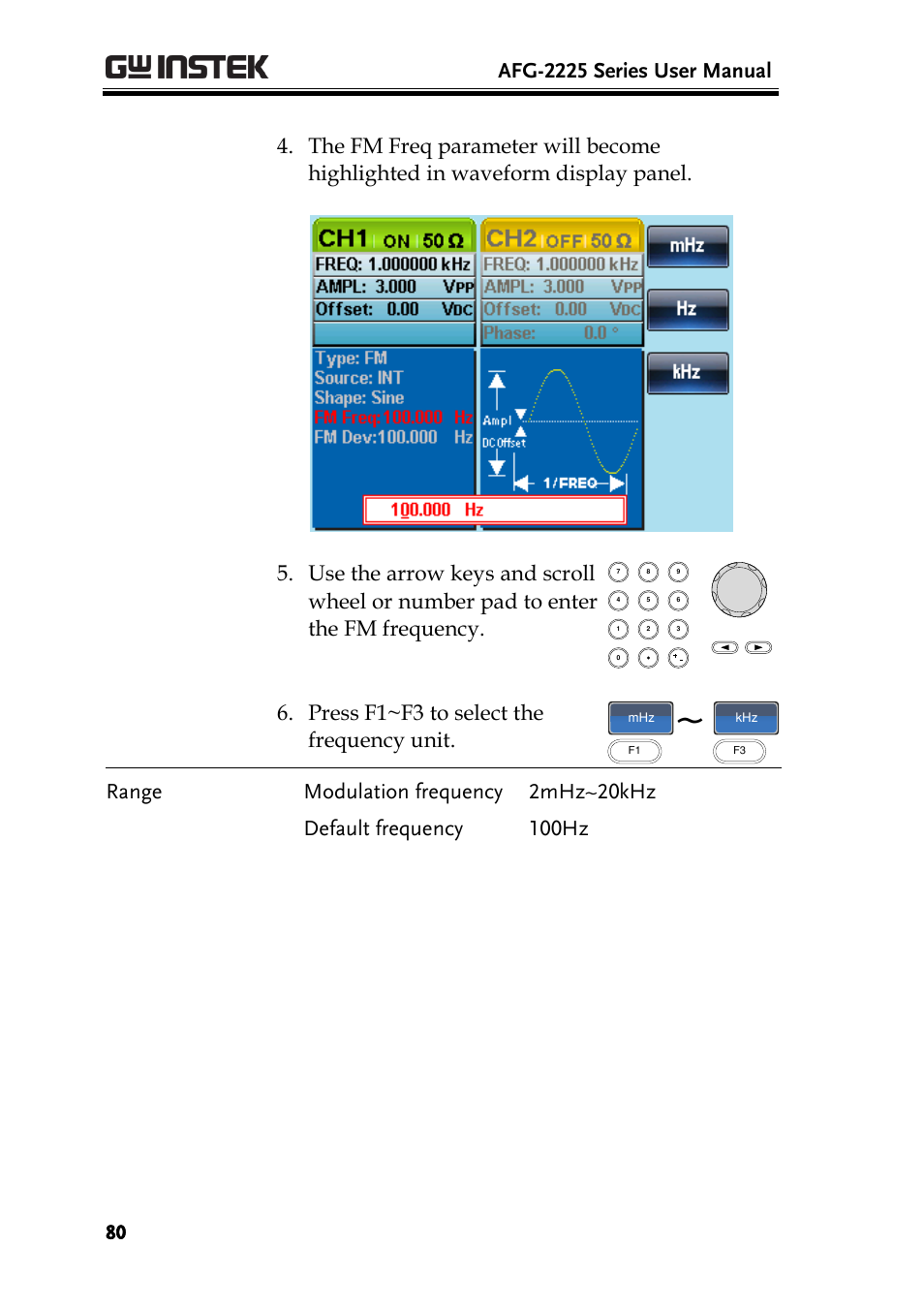 Afg-2225 series user manual, Press f1~f3 to select the frequency unit | GW Instek AFG-2225 User Manual User Manual | Page 80 / 301