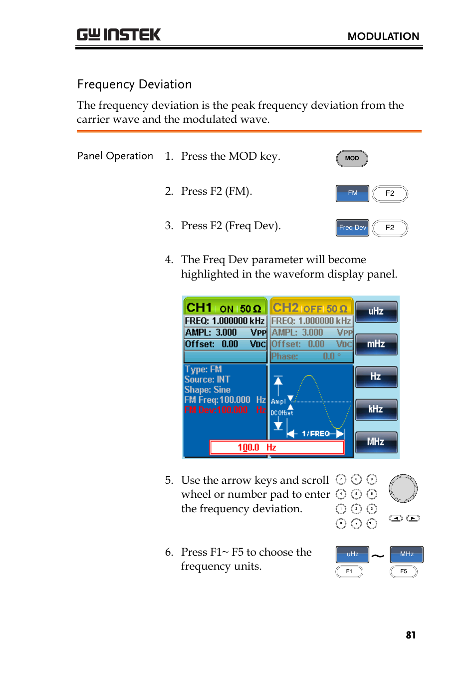 Frequency deviation, Modulation, Panel operation 1. press the mod key | Press f2 (fm), Press f2 (freq dev), Press f1~ f5 to choose the frequency units | GW Instek AFG-2225 User Manual User Manual | Page 81 / 301