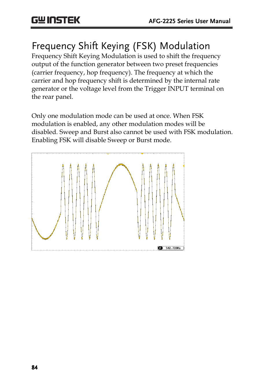 Frequency shift keying (fsk) modulation | GW Instek AFG-2225 User Manual User Manual | Page 84 / 301