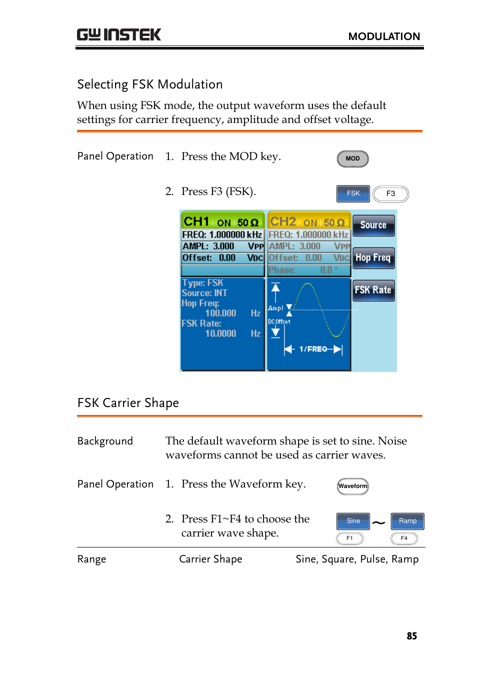 Selecting fsk modulation, Fsk carrier shape | GW Instek AFG-2225 User Manual User Manual | Page 85 / 301