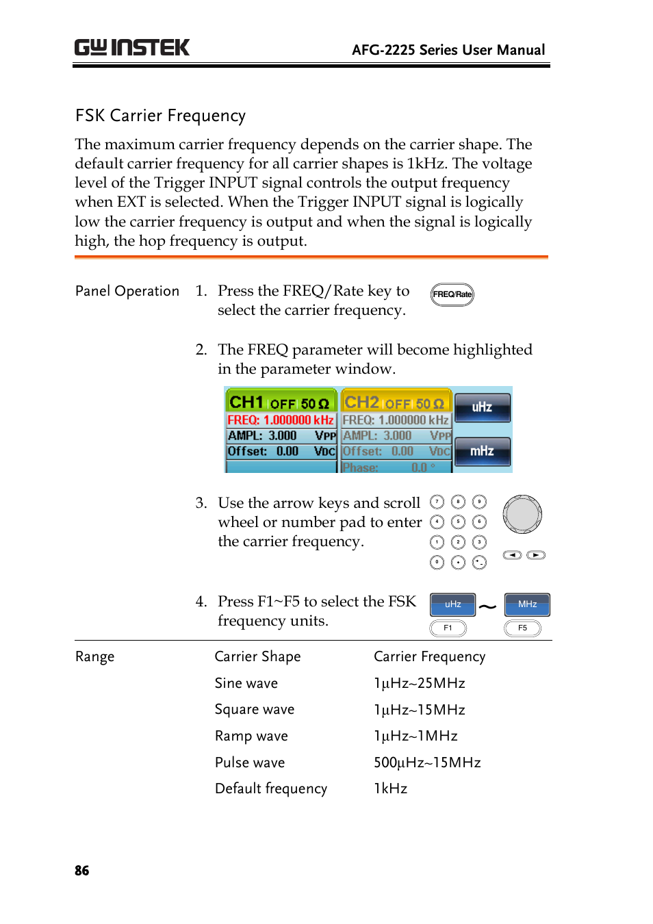 Fsk carrier frequency, Afg-2225 series user manual, Press f1~f5 to select the fsk frequency units | GW Instek AFG-2225 User Manual User Manual | Page 86 / 301