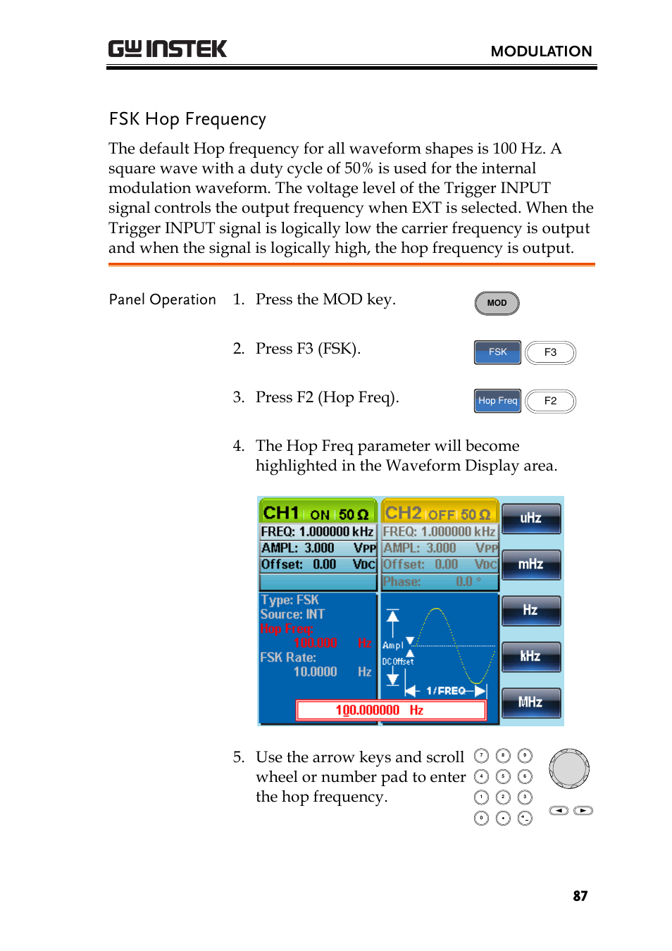 Fsk hop frequency, Modulation, Panel operation 1. press the mod key | Press f3 (fsk), Press f2 (hop freq) | GW Instek AFG-2225 User Manual User Manual | Page 87 / 301