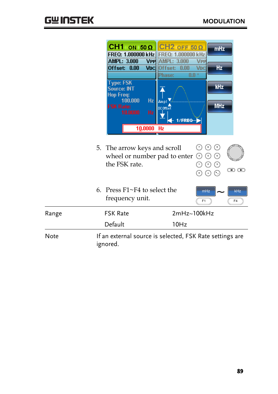 Modulation, Press f1~f4 to select the frequency unit | GW Instek AFG-2225 User Manual User Manual | Page 89 / 301