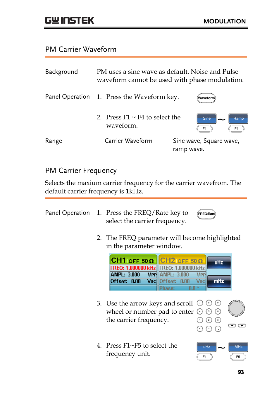 Pm carrier waveform, Pm carrier frequency | GW Instek AFG-2225 User Manual User Manual | Page 93 / 301