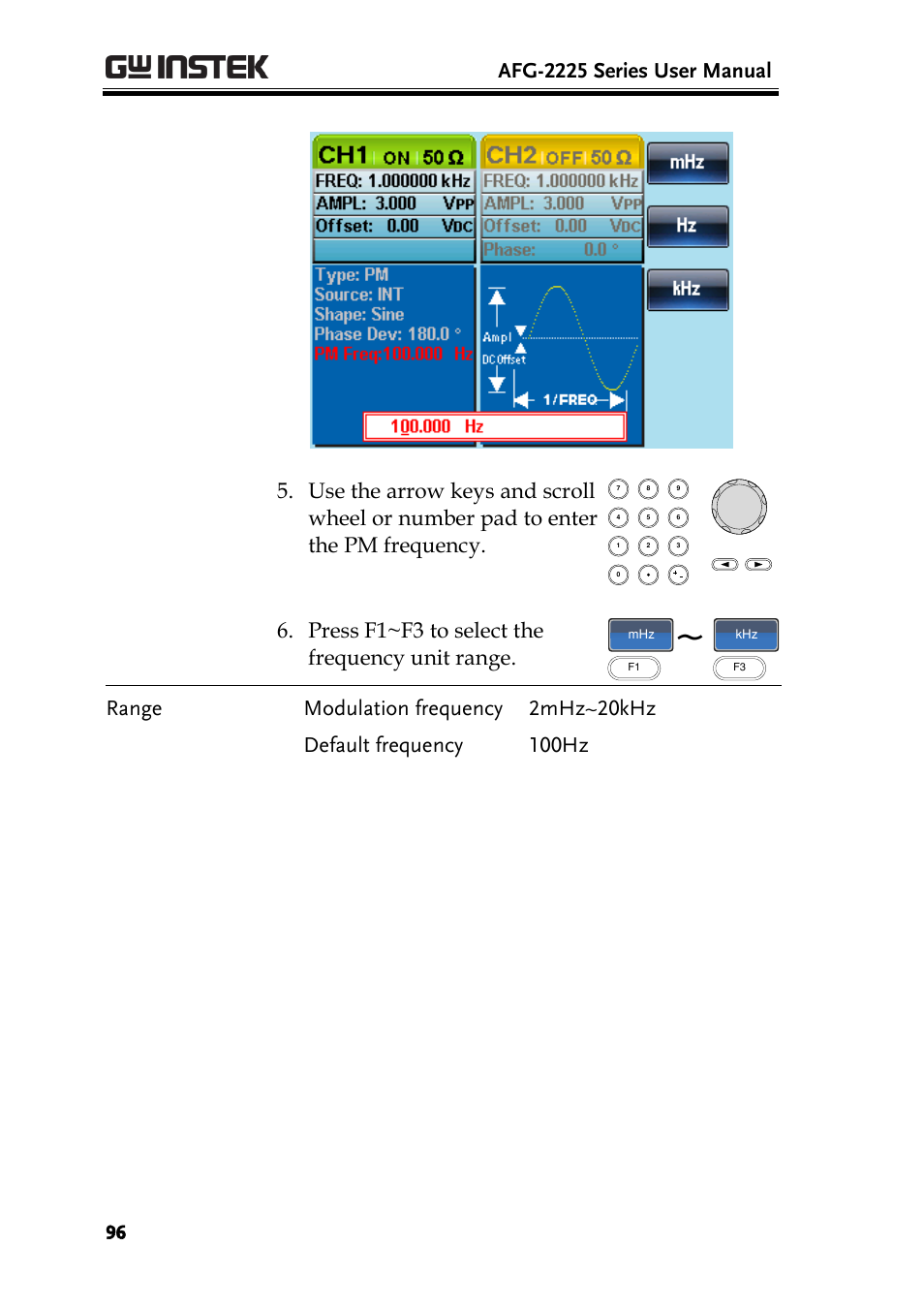 Afg-2225 series user manual, Press f1~f3 to select the frequency unit range | GW Instek AFG-2225 User Manual User Manual | Page 96 / 301