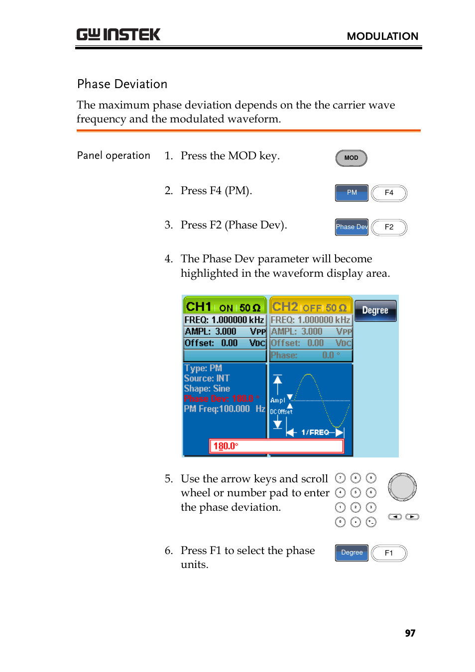 Phase deviation, Modulation, Panel operation 1. press the mod key | Press f4 (pm), Press f2 (phase dev), Press f1 to select the phase units | GW Instek AFG-2225 User Manual User Manual | Page 97 / 301