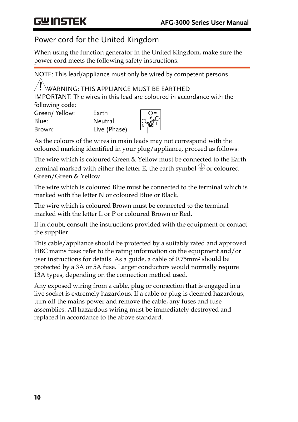 Power cord for the united kingdom | GW Instek AFG-3000 Series User Manual | Page 10 / 304