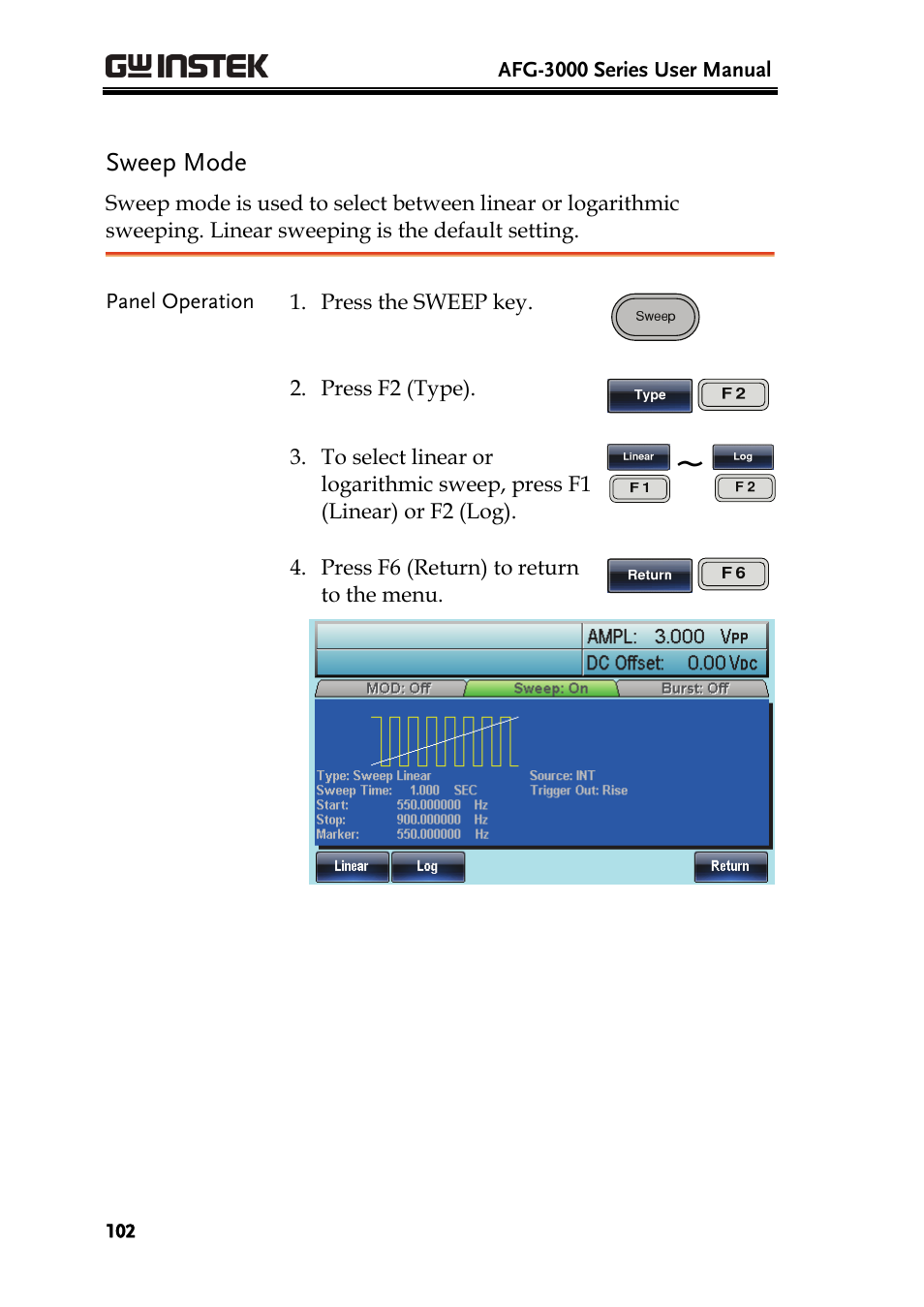 Sweep mode | GW Instek AFG-3000 Series User Manual | Page 102 / 304