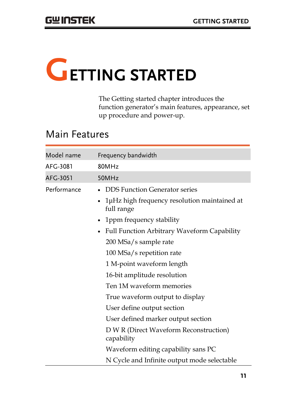 Etting started, Main features | GW Instek AFG-3000 Series User Manual | Page 11 / 304