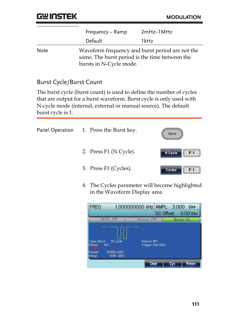 Burst cycle/burst count | GW Instek AFG-3000 Series User Manual | Page 111 / 304