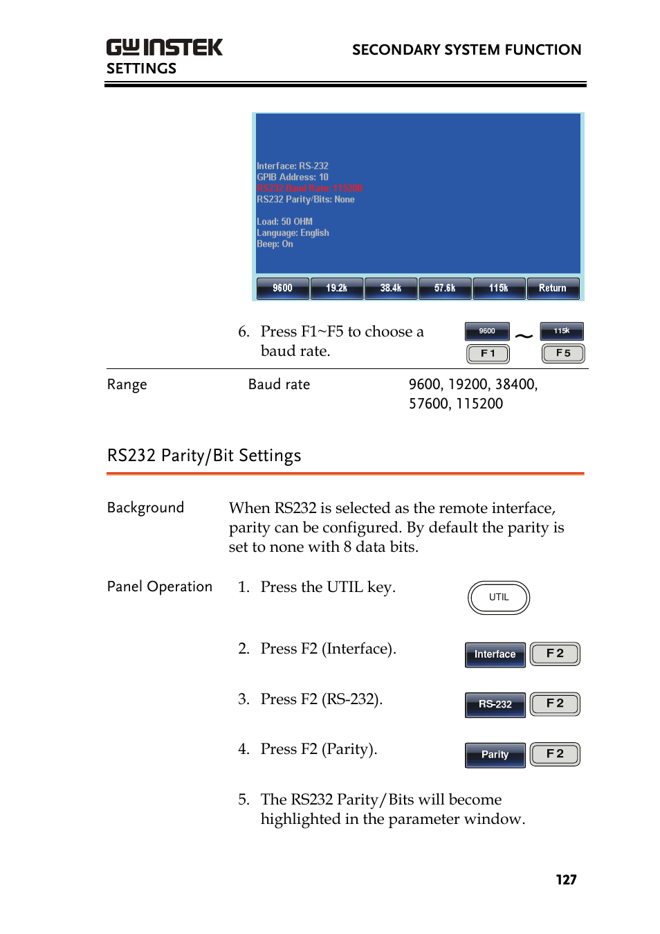 Rs232 parity/bit settings | GW Instek AFG-3000 Series User Manual | Page 127 / 304