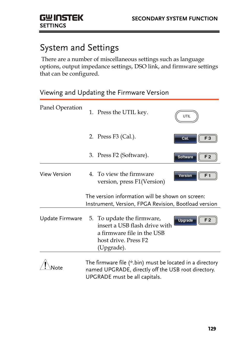 System and settings, Viewing and updating the firmware version | GW Instek AFG-3000 Series User Manual | Page 129 / 304