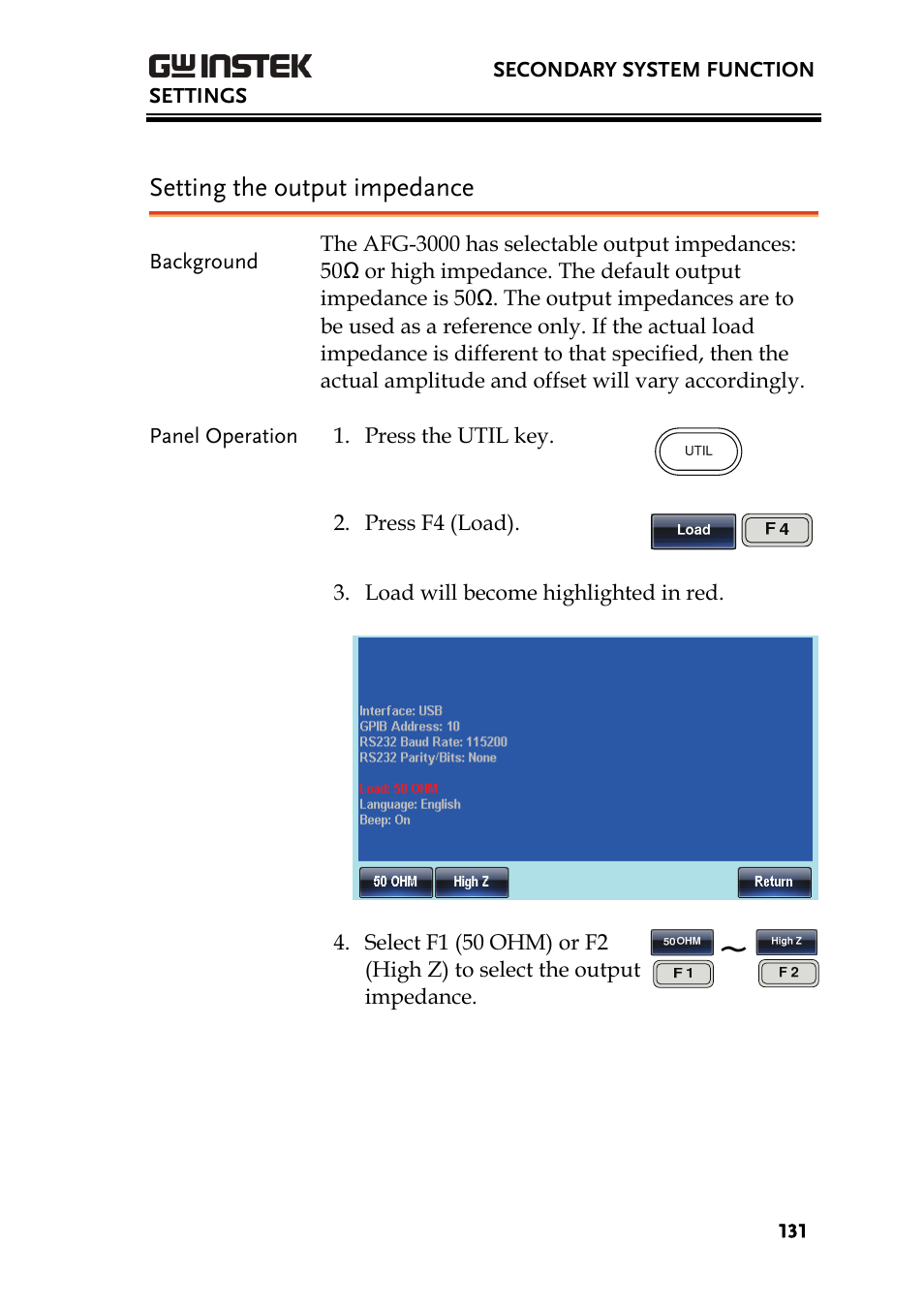 Setting the output impedance | GW Instek AFG-3000 Series User Manual | Page 131 / 304