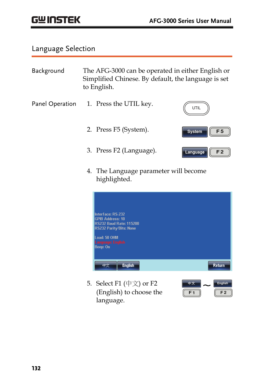 Language selection | GW Instek AFG-3000 Series User Manual | Page 132 / 304